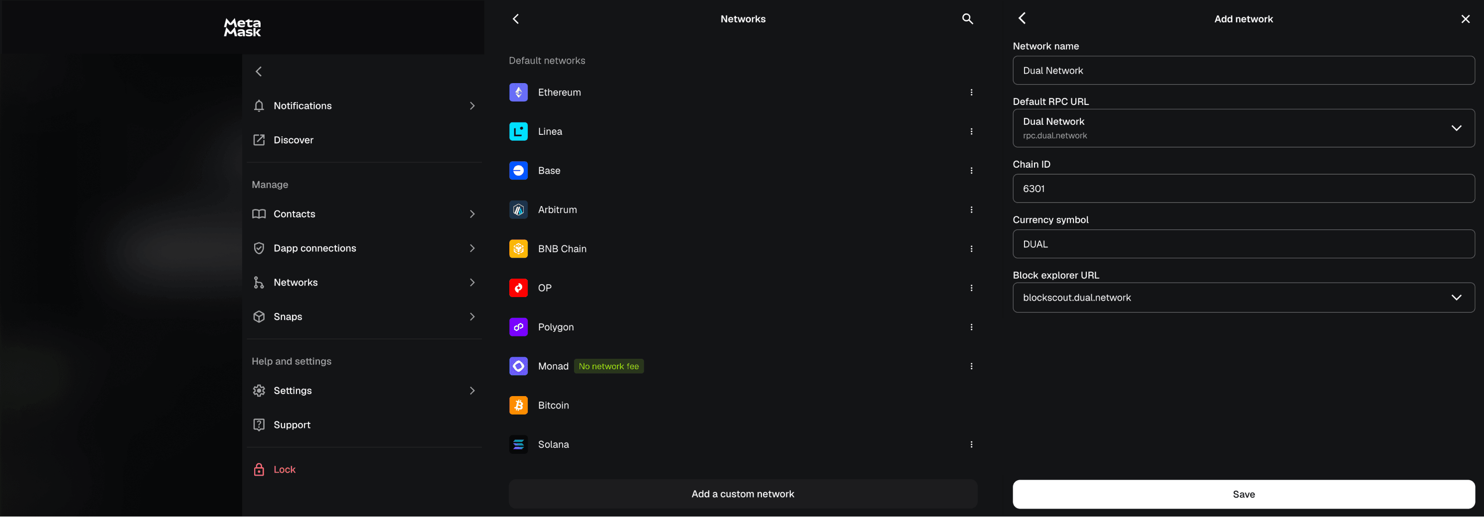Adding Dual Network as a custom network in the wallet