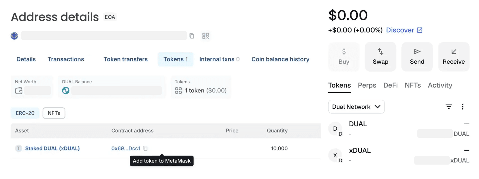 Staked DUAL (xDUAL) shown on Blockscout and added to MetaMask